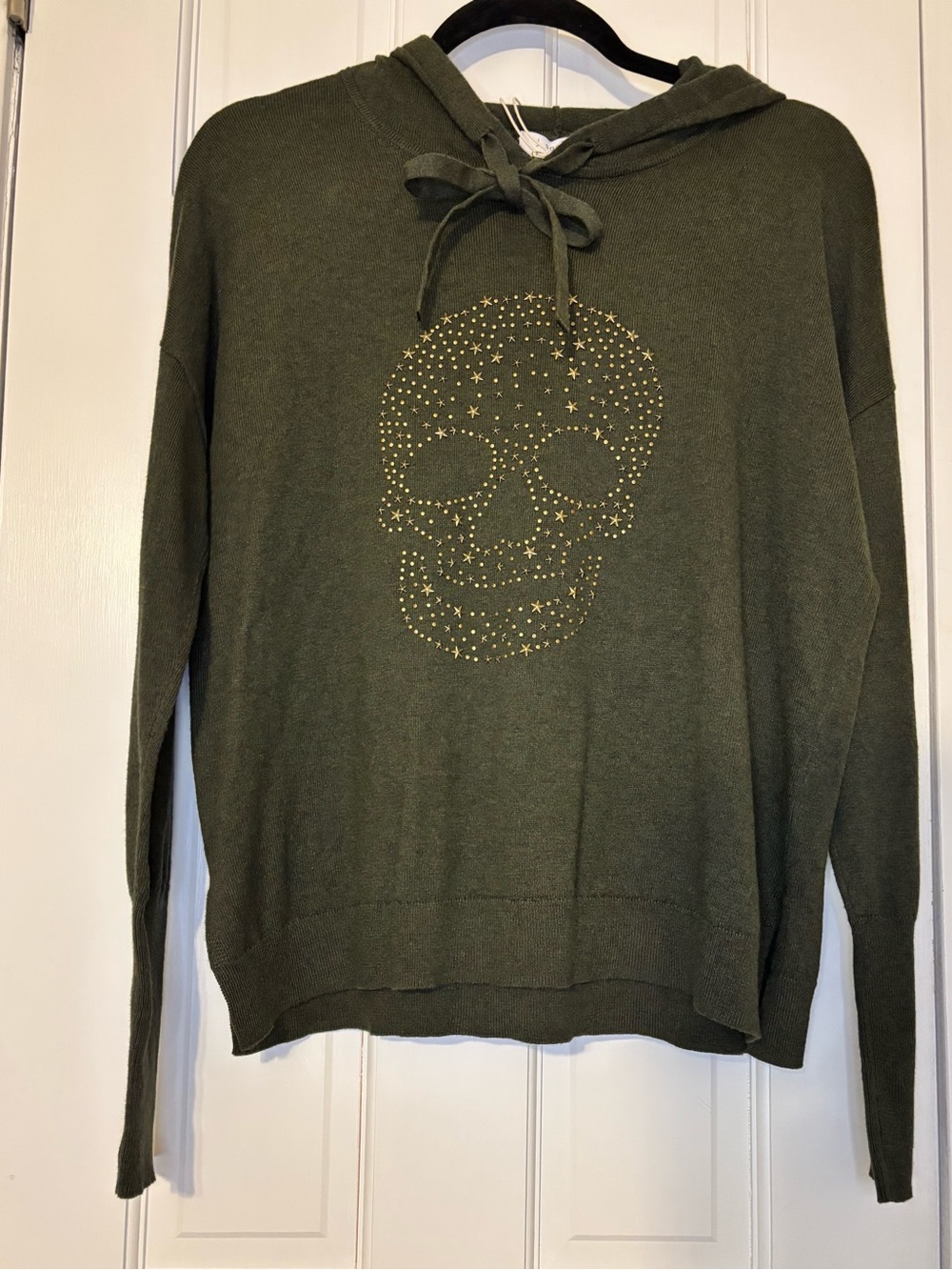 J. Society Olive Green Hoodie Sweater with Gold Skull Stud Detail S NWT